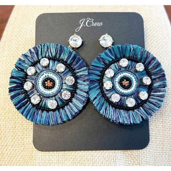 J. Crew Raffia Fringe Disc Earrings in Blue Green- NWT - Picture 3 of 6